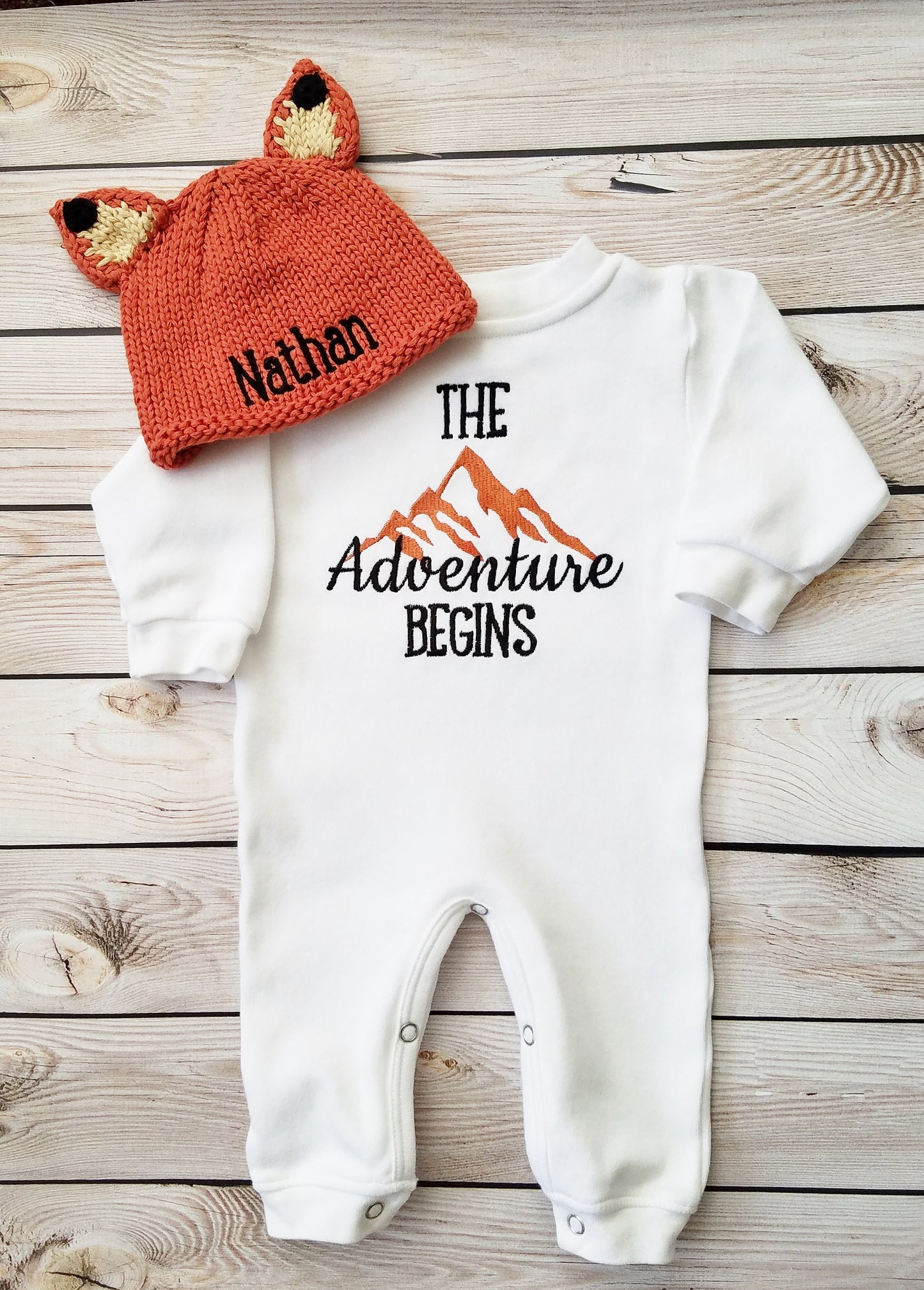 Newborn Boy Sleeper with Personalized Knit Fox Hat