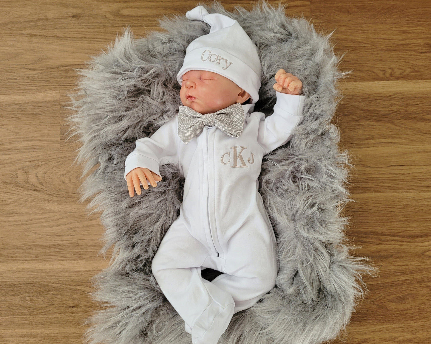 Newborn Boy Bowtie Outfit with Zippered Footie