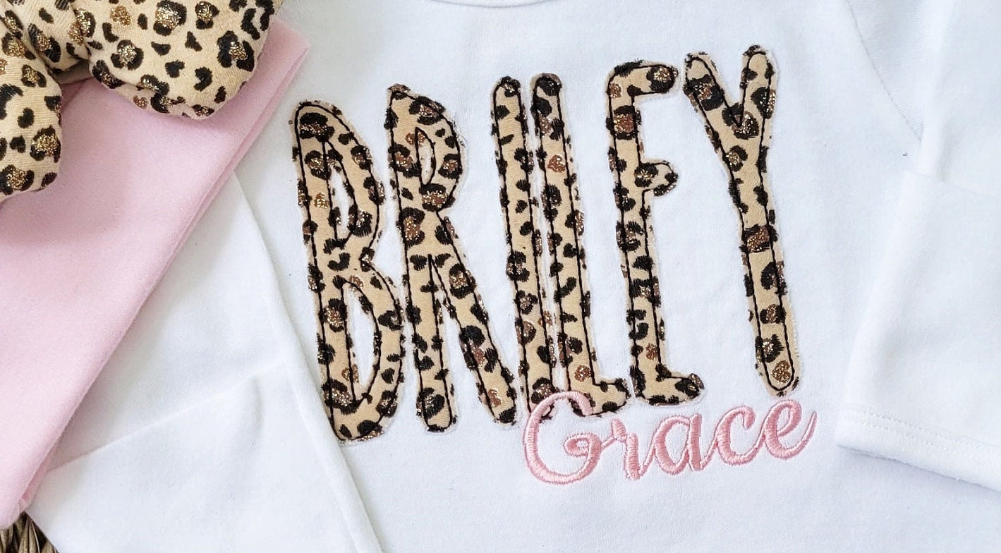 Newborn Girl Coming Home Outfit with Leopard Applique and Pink Embroidered Monogram