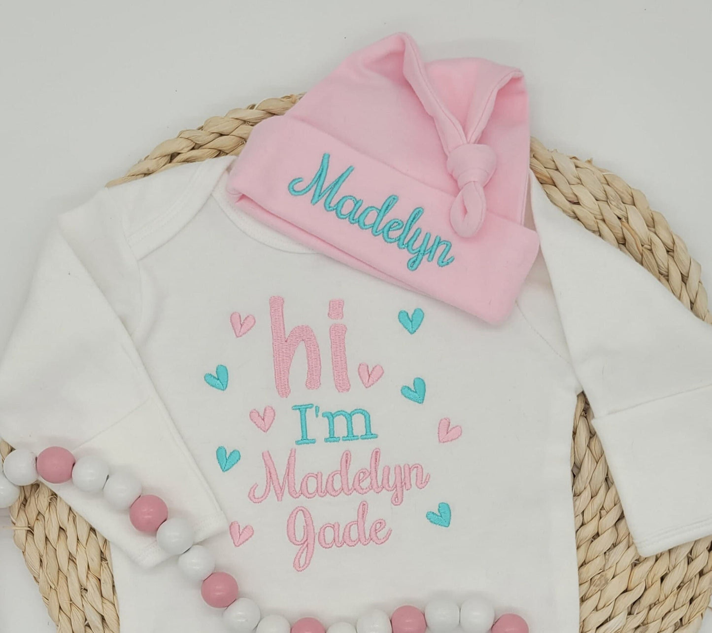 Hi Girl Outfit with Hearts in Pink and Aqua Embroidery