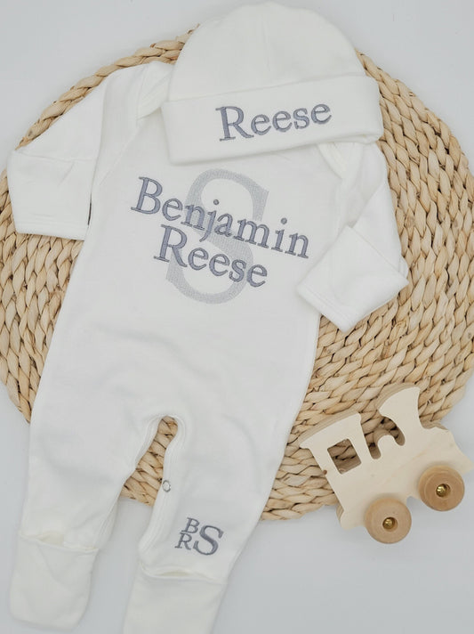Newborn Boy Footed Romper with Grey on Grey Embroidered Monogram