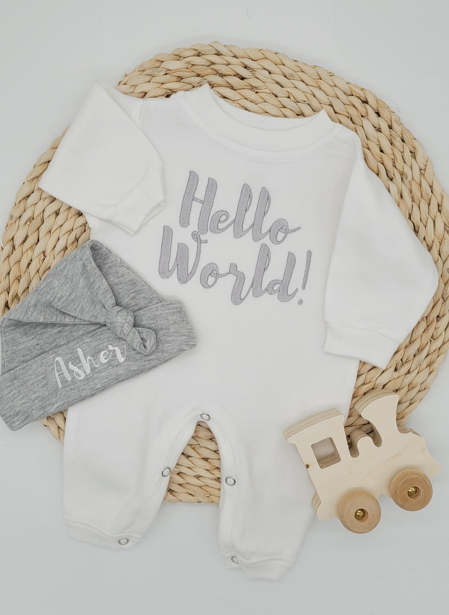 Newborn Boy Hello World Outfit with Knotted Hat