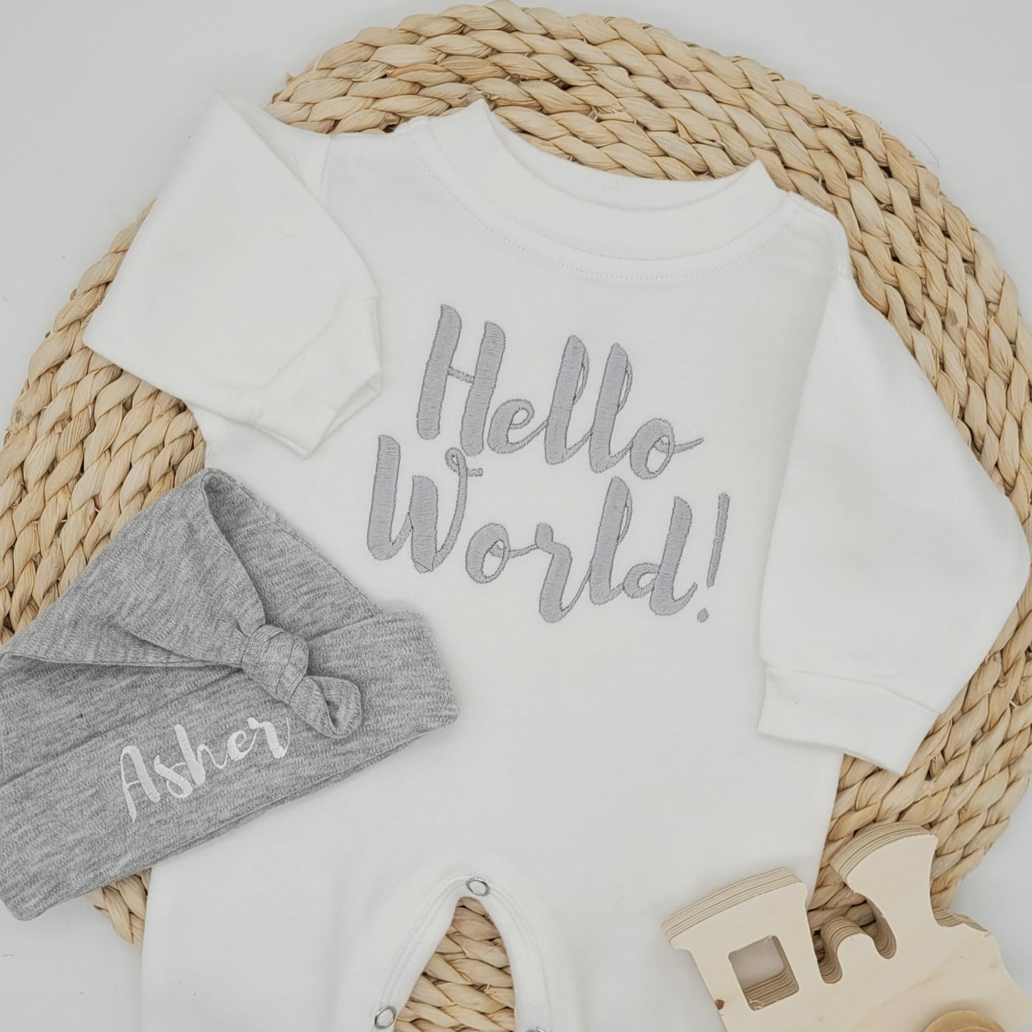 Newborn Boy Hello World Outfit with Knotted Hat