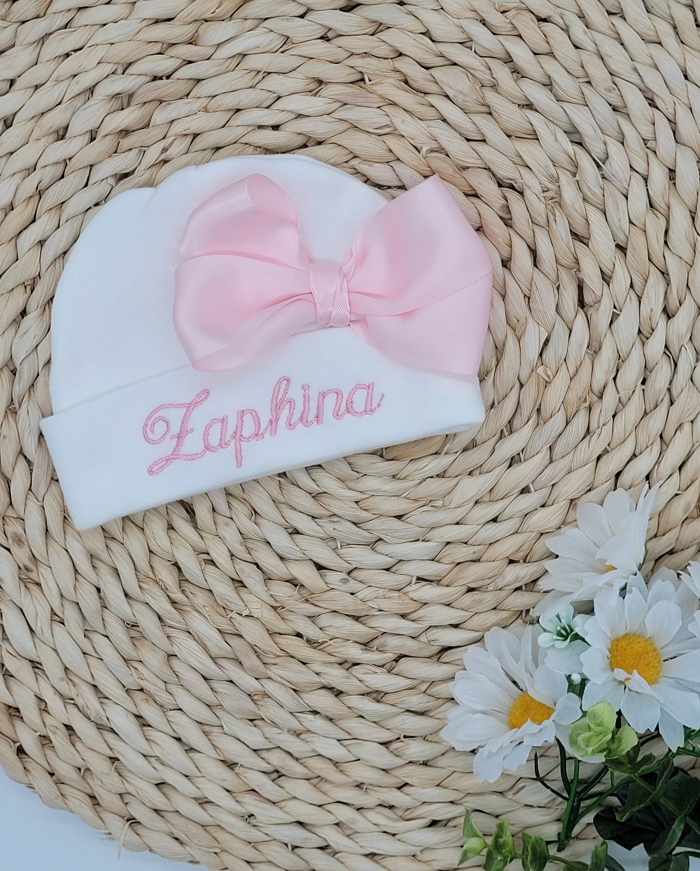 Newborn Girl Beanie with Embroidered Name and Bow