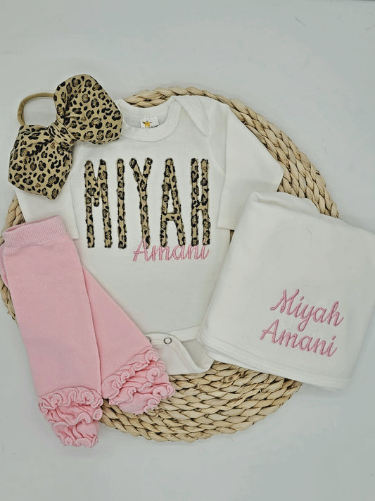 Leopard Girl Set with Appliqued Name and Blanket