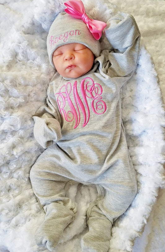 Footed Girl Sleeper in Heather Grey with Bright Pink Monogram