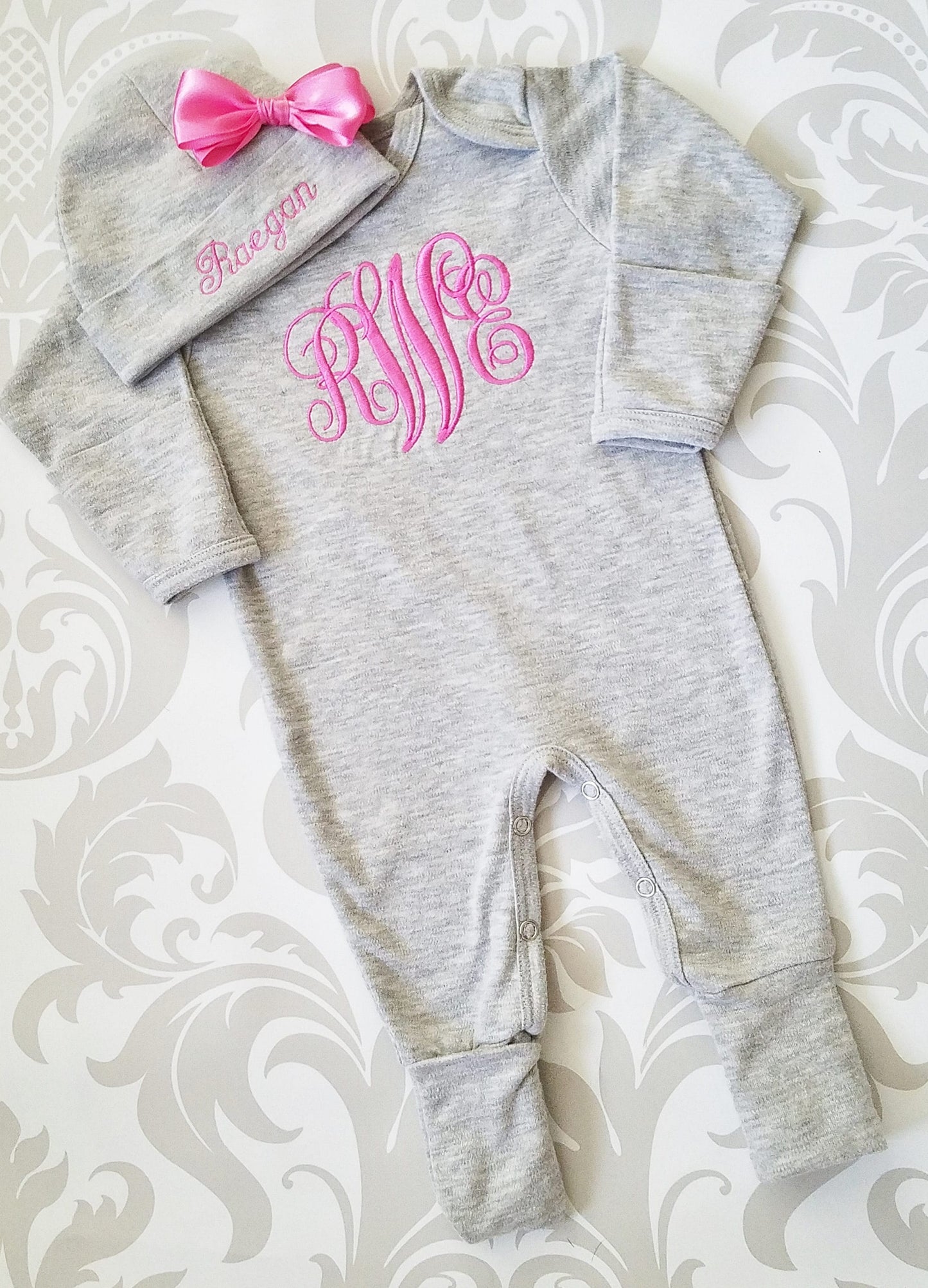 Footed Girl Sleeper in Heather Grey with Bright Pink Monogram