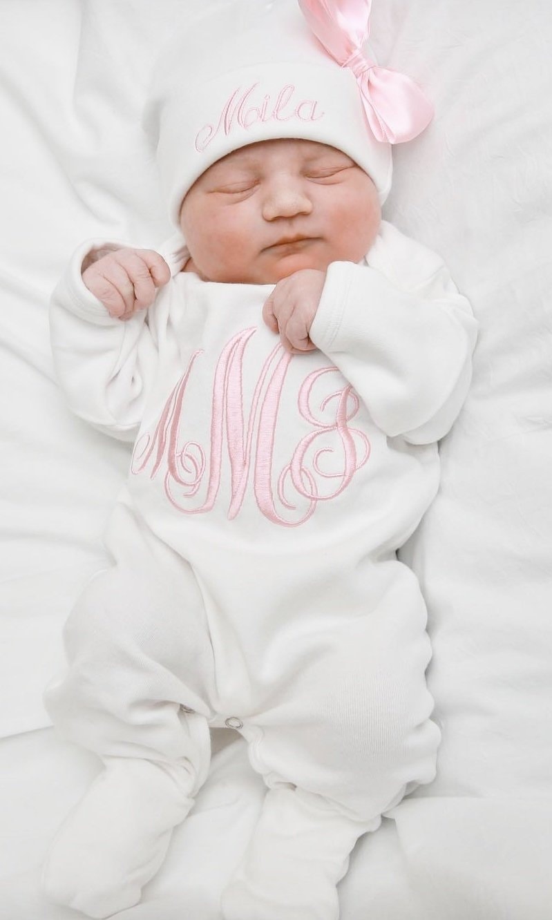 Convertible Baby Girl Footie with Pink Monogram