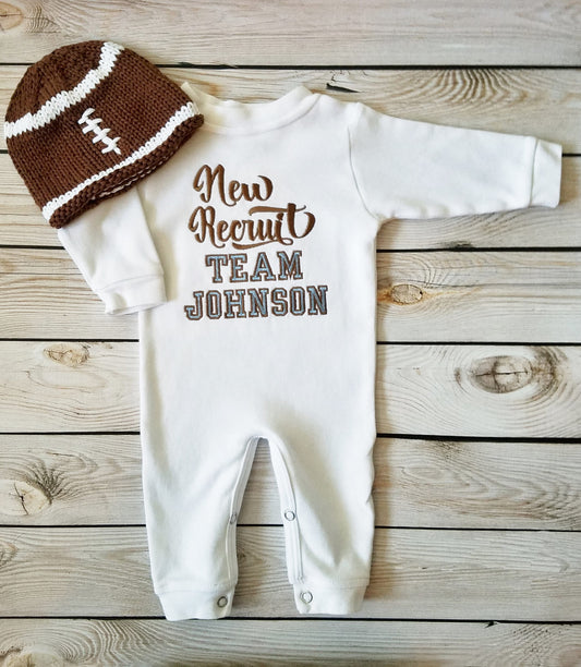 Personalized Baby Boy Football Outfit with Knit Hat