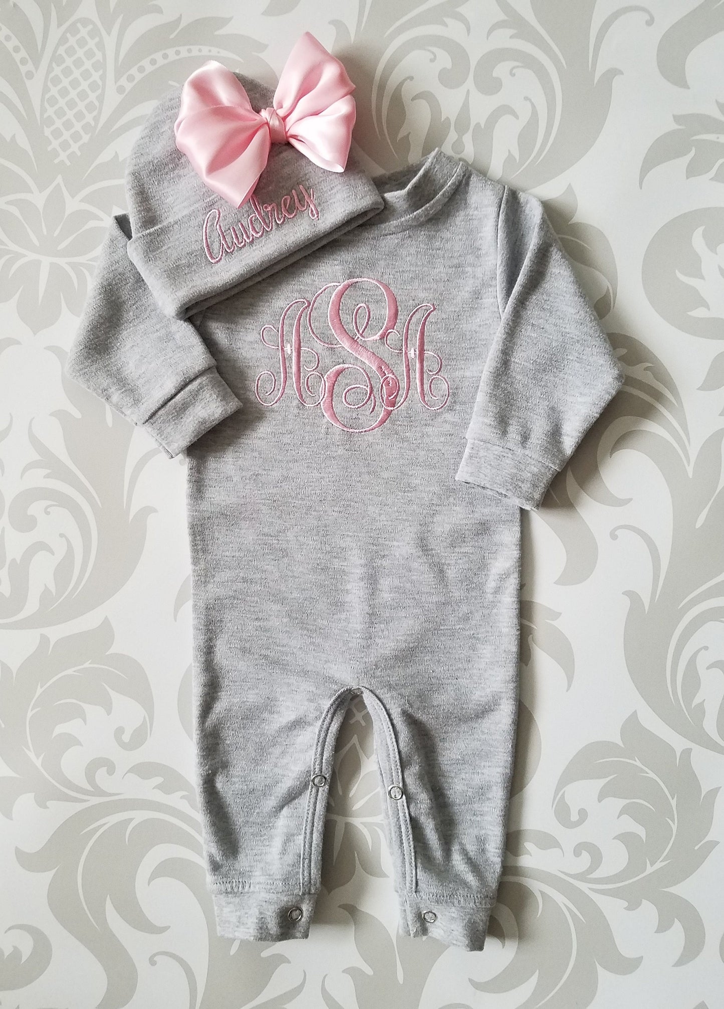 Newborn Girl Romper with Pink Embroidered Monogram