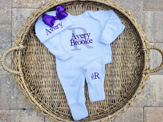 Newborn Girl Convertible Footie Set with Purple Monogram