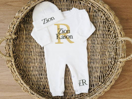 Baby Boy Coming Home Outfit with Embroidered Monogram in Gold and Olive
