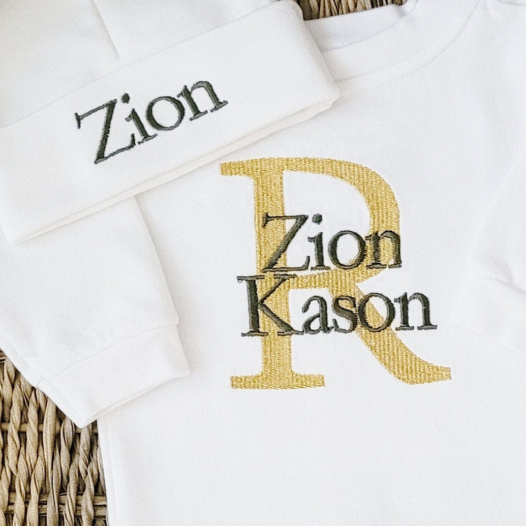 Baby Boy Coming Home Outfit with Embroidered Monogram in Gold and Olive