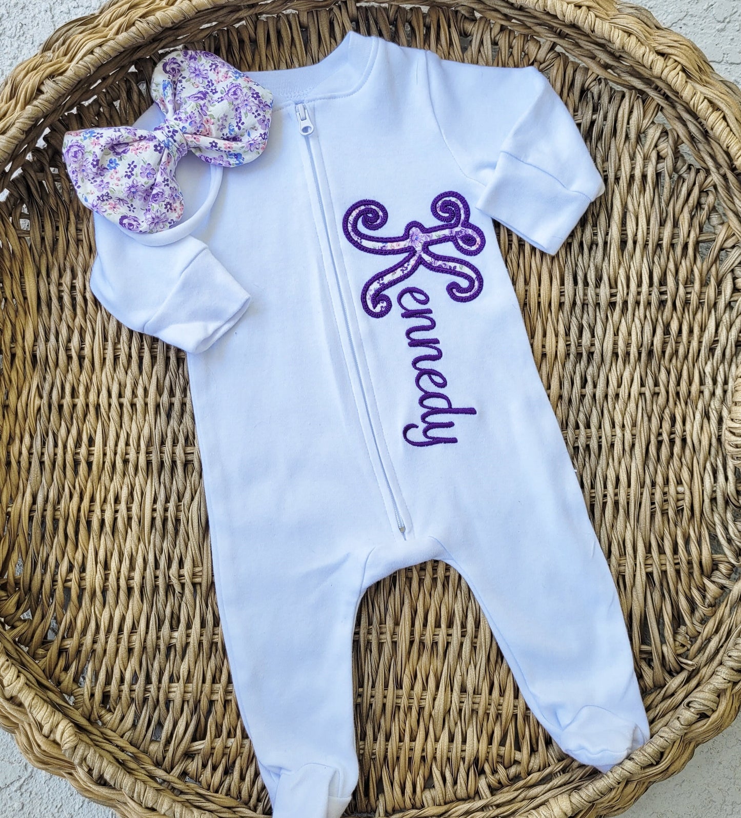 Purple Floral Applique Girl Footie