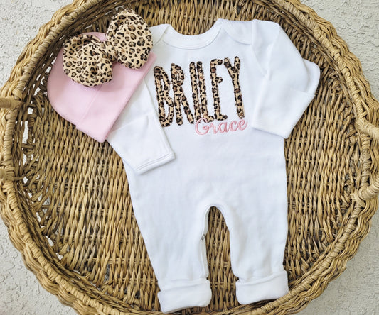 Newborn Girl Coming Home Outfit with Leopard Applique and Pink Embroidered Monogram