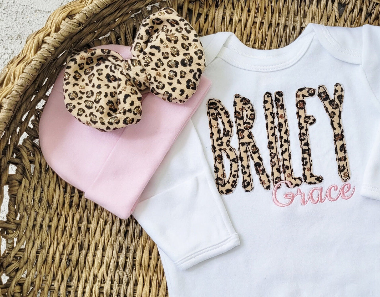 Newborn Girl Coming Home Outfit with Leopard Applique and Pink Embroidered Monogram