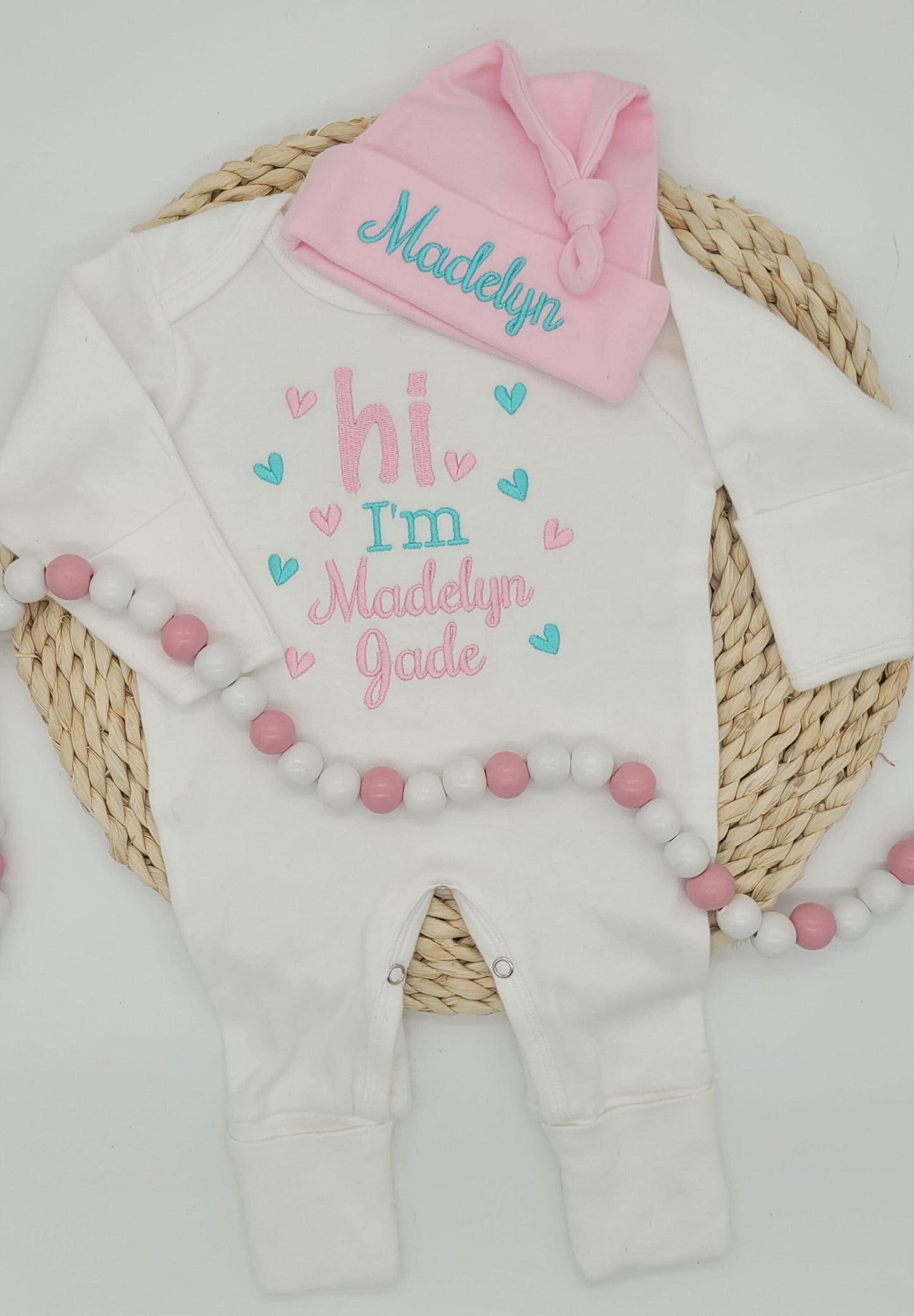 Hi Girl Outfit with Hearts in Pink and Aqua Embroidery
