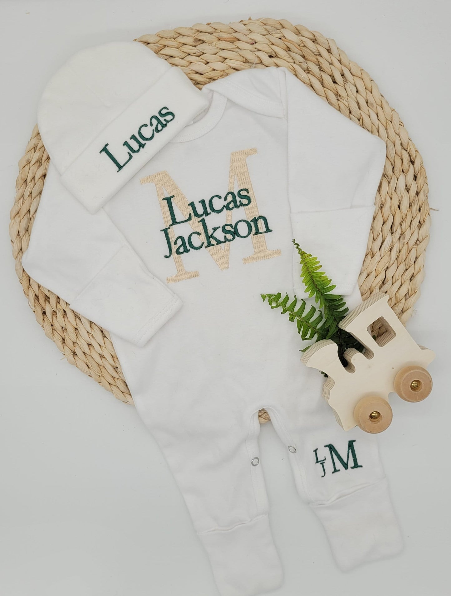 Footed Boy Romper with Beige and Emerald Green Monogram
