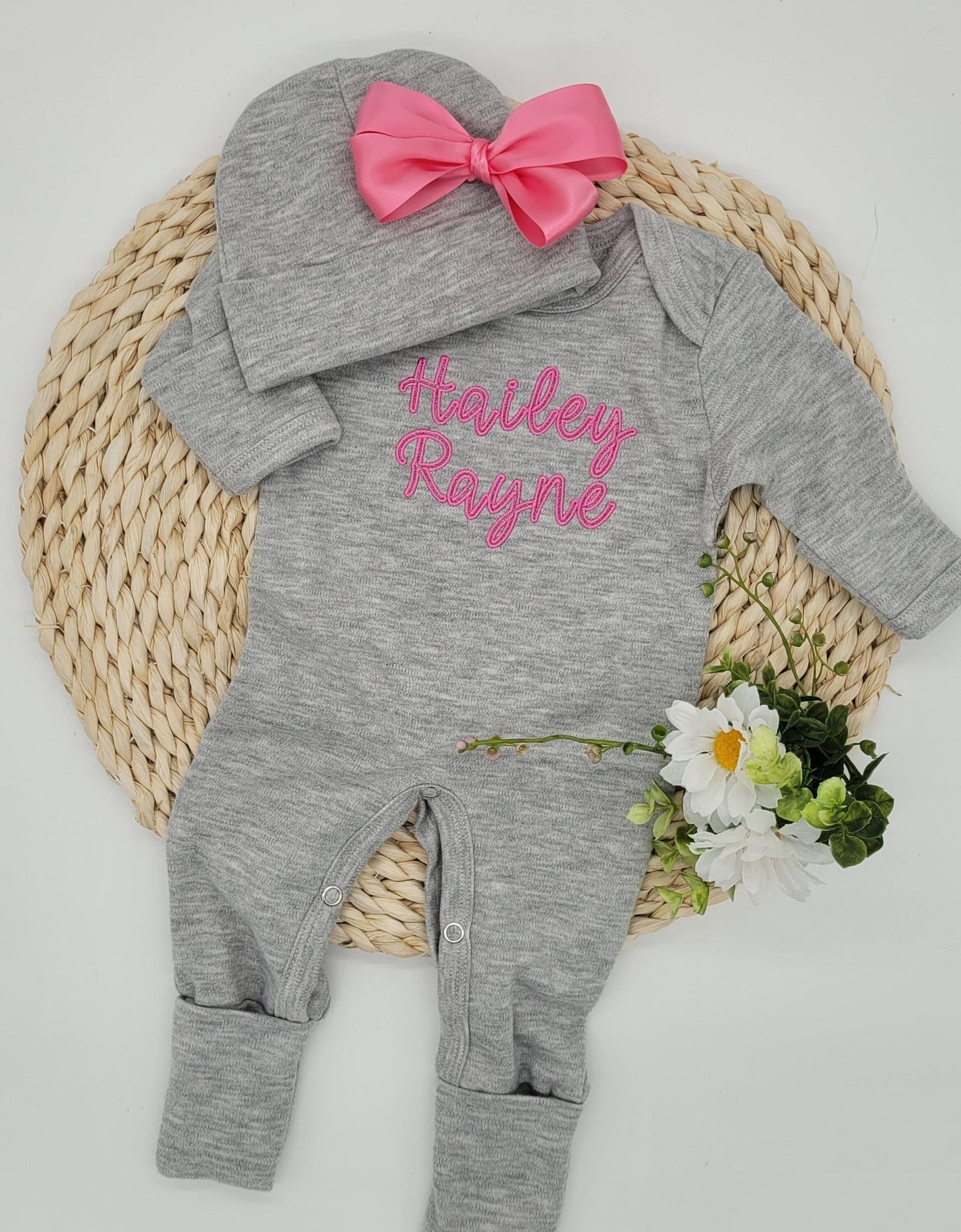 Convertible Grey Girl Footie with Pink Embroidered Names