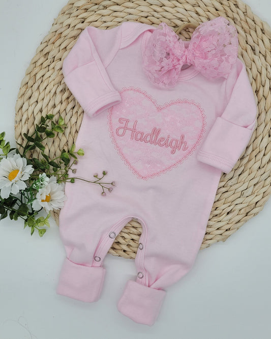 Pink Girl Footie with Embroidered Lace Heart