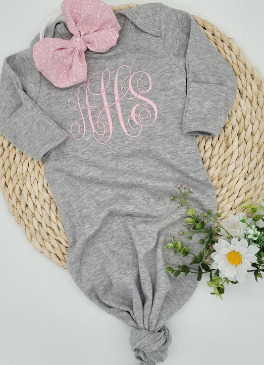 Girl Knotted Gown with Embroidered Monogram